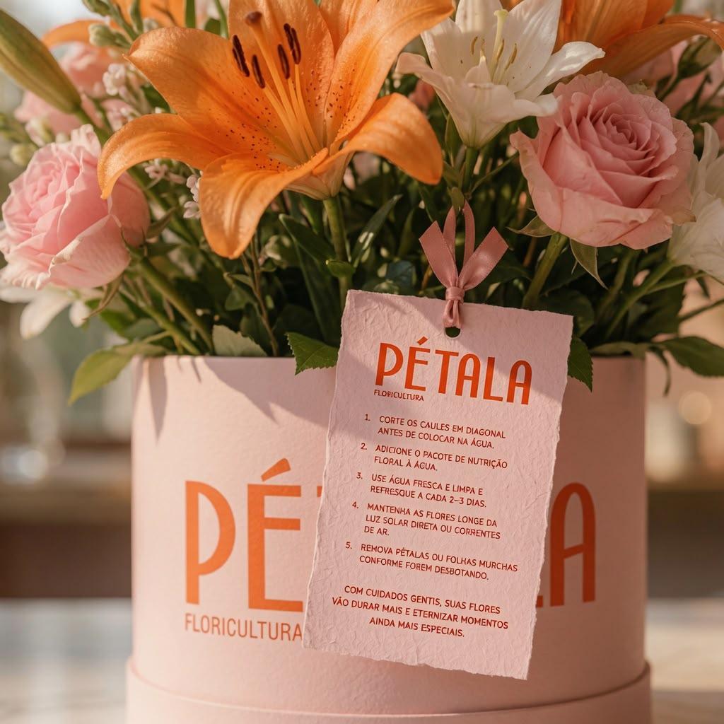 Arranjo de flores Pétala com etiqueta de cuidados completa